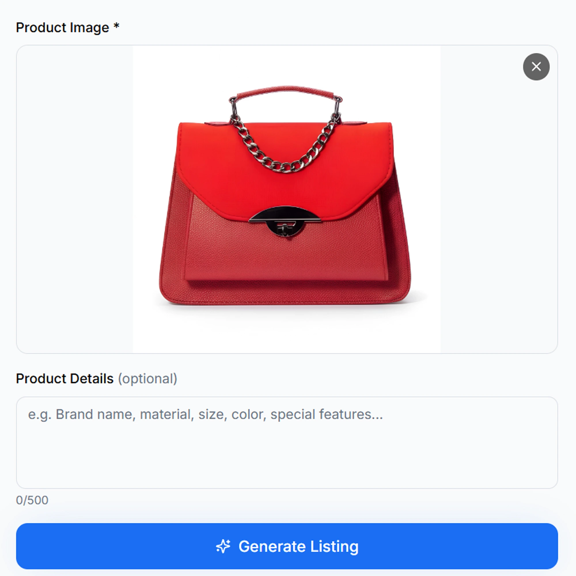 AfterTaken AI eCommerce listing generator interface showing product image upload area with a red handbag, optional product details text field, and Generate Listing button