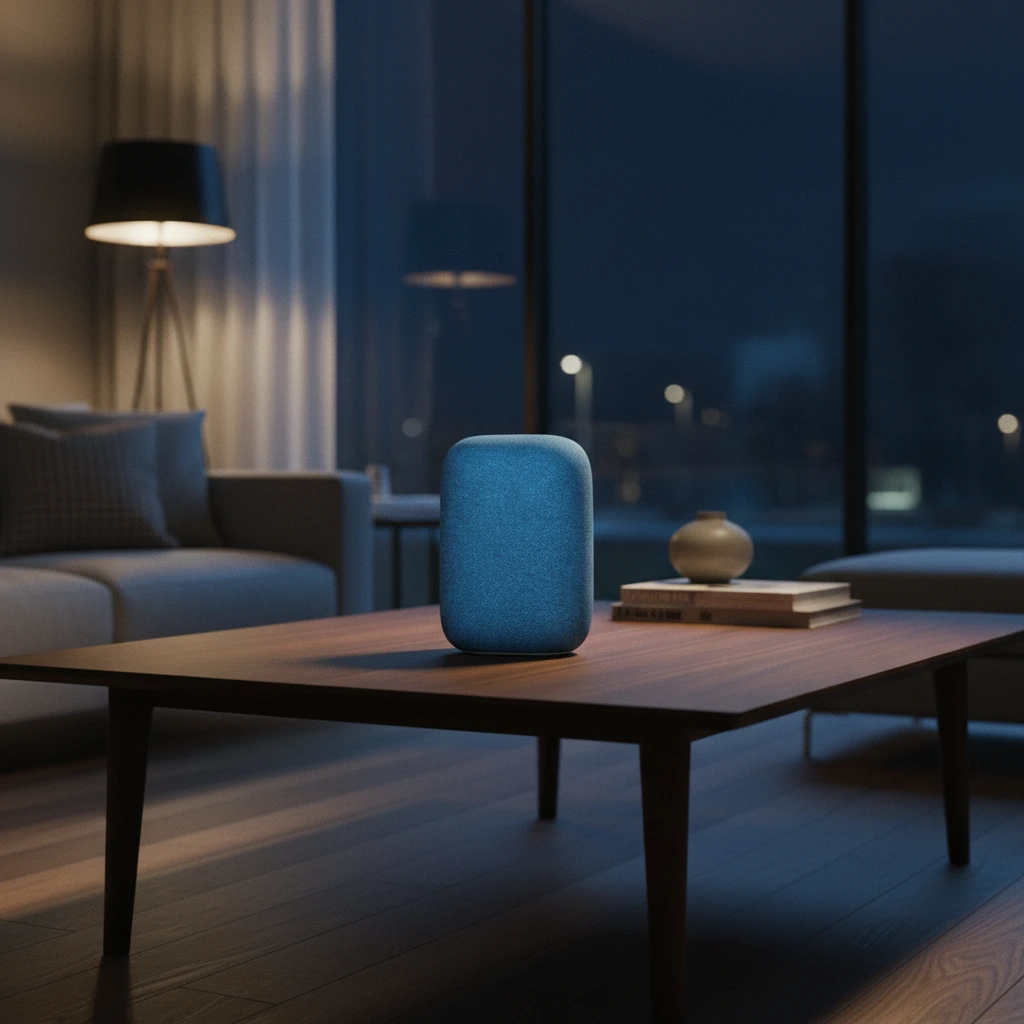 Night-time living room product photography with moody ambient lamp lighting and cool blue window tones