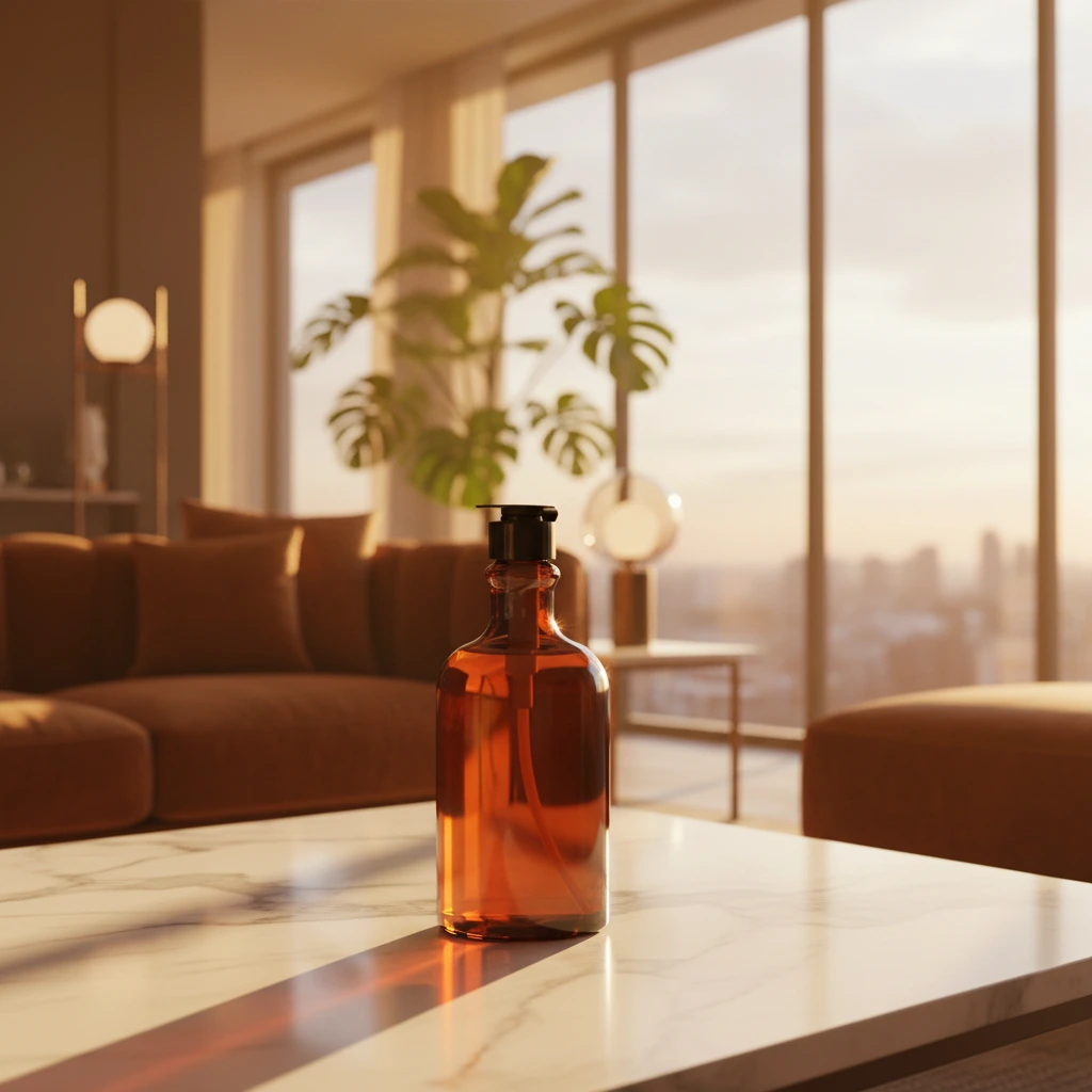 Luxury golden hour product photography with warm sunset light through glass windows and marble textures