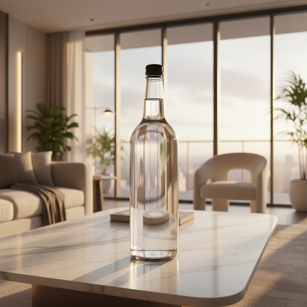 Luxury penthouse product photography with sunset light through glass windows marble accents and modern furniture