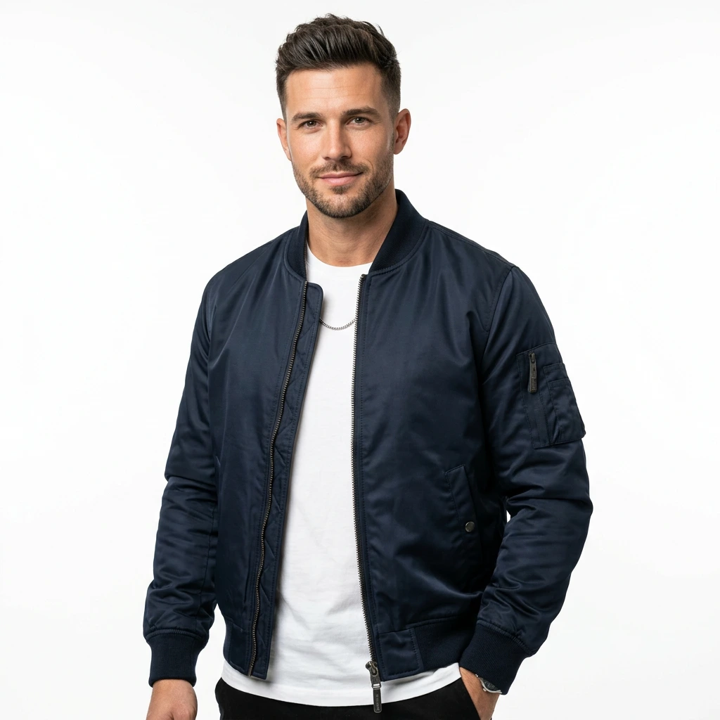 Male model in navy bomber jacket and white t-shirt