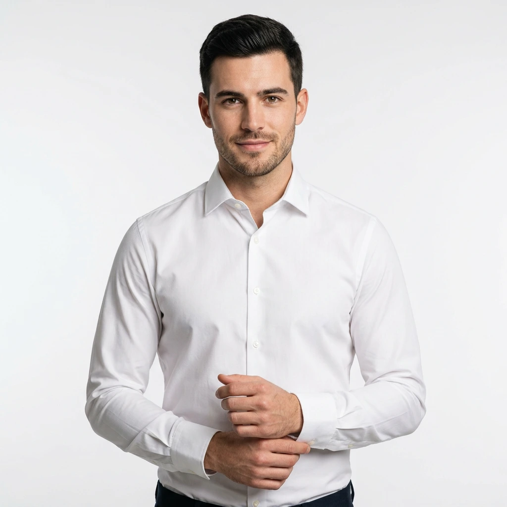 Male model in crisp white formal shirt, front pose