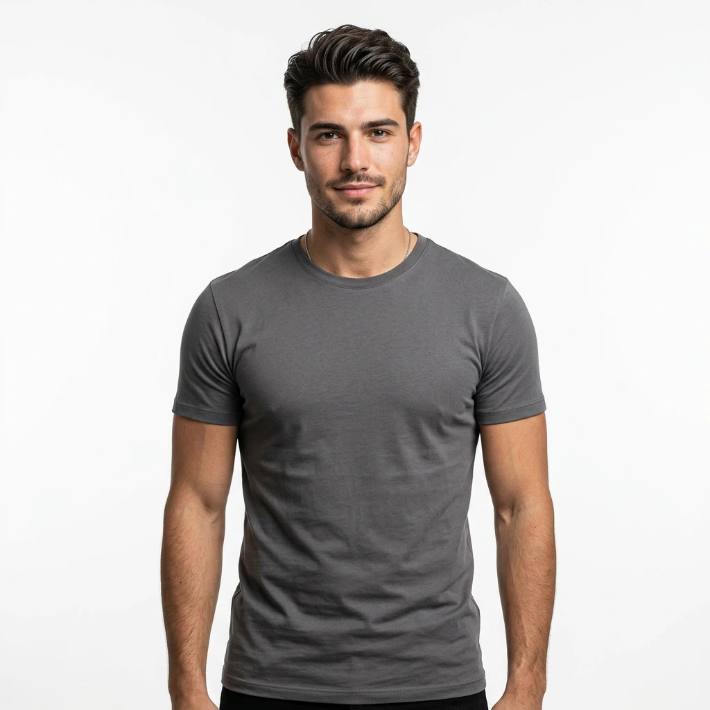 Male model in plain grey crew-neck t-shirt