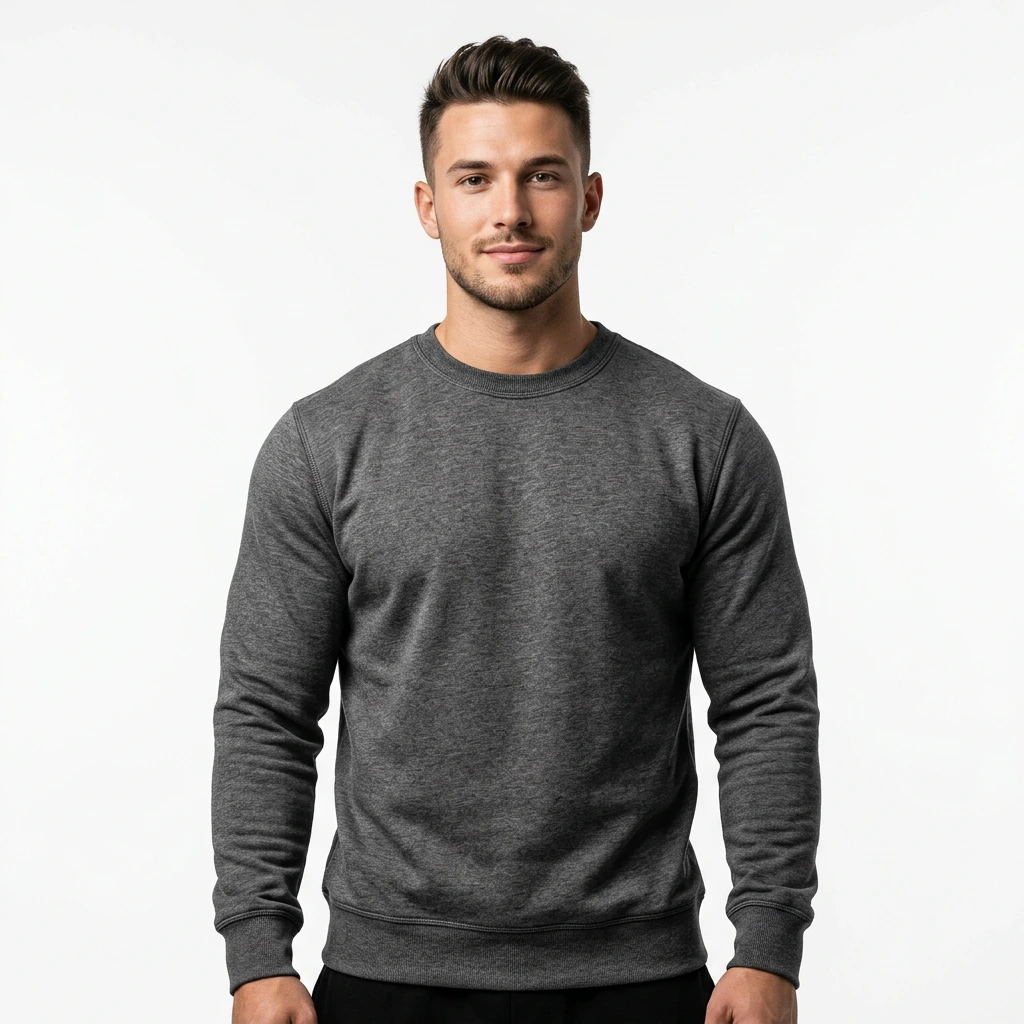 Athletic male model in charcoal sweatshirt