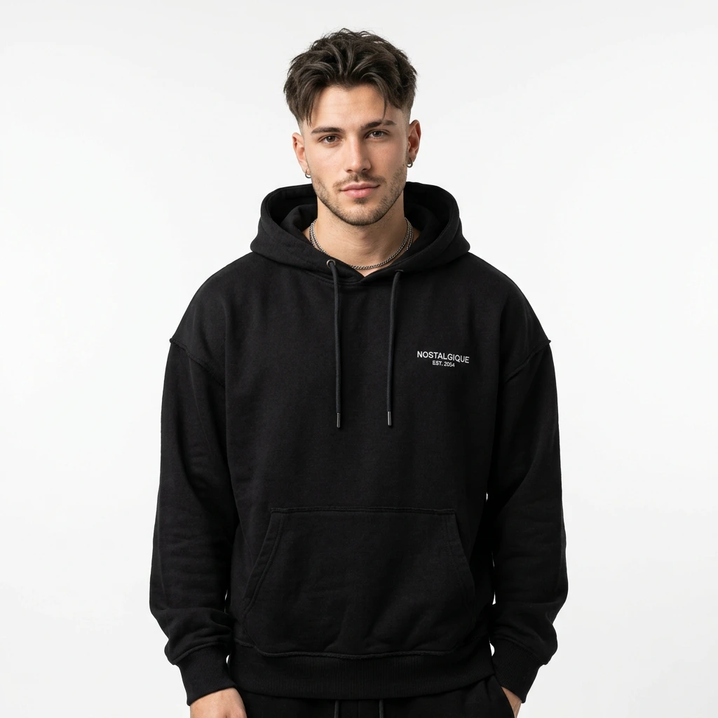 Male model in oversized black streetwear hoodie
