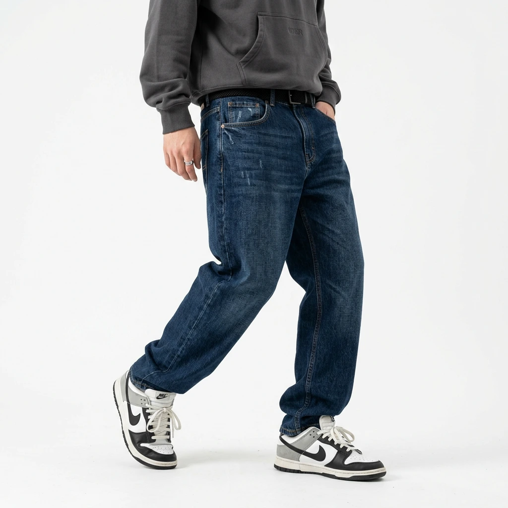 Male lower body in dark blue straight-fit jeans with sneakers