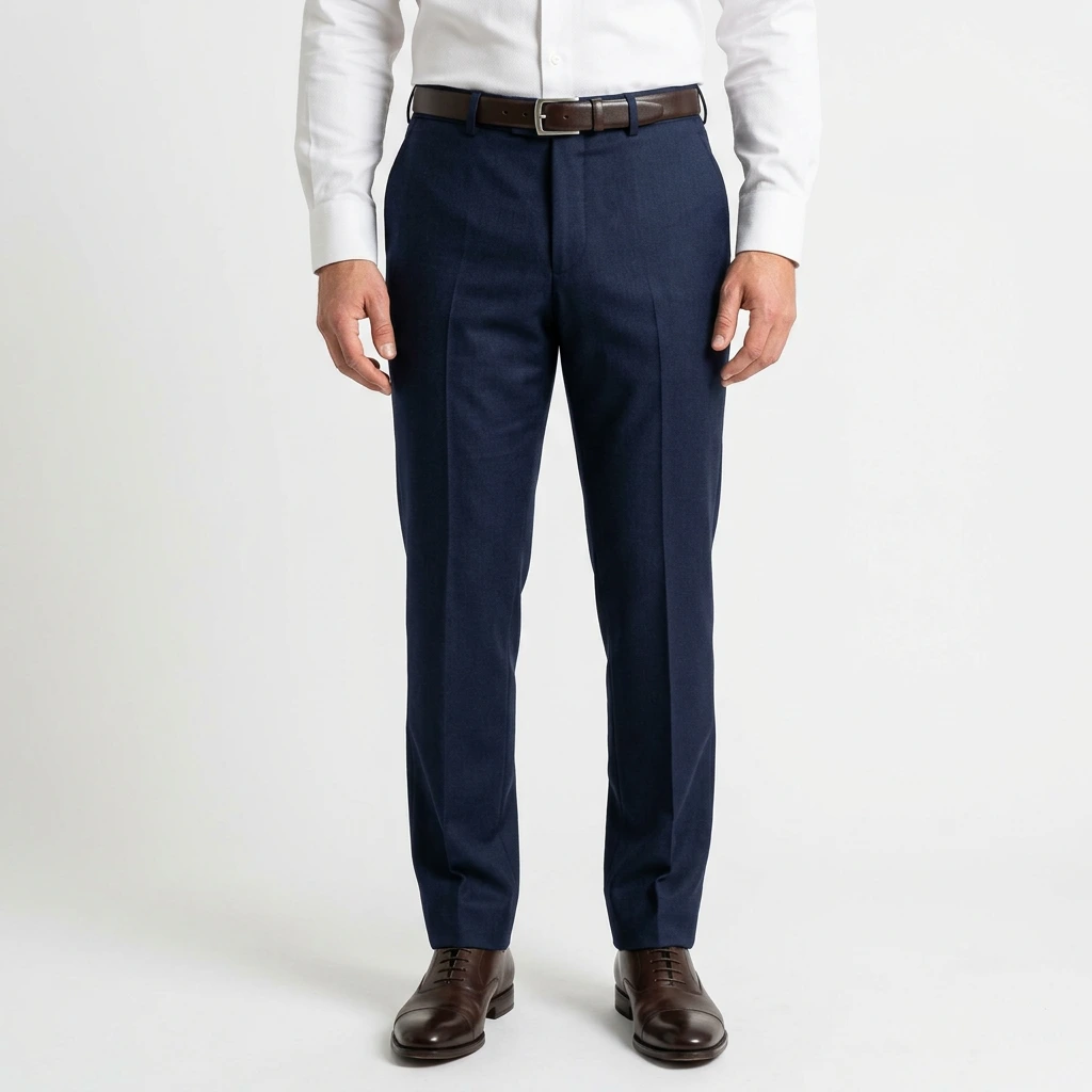 Male lower body in navy formal trousers and brown shoes