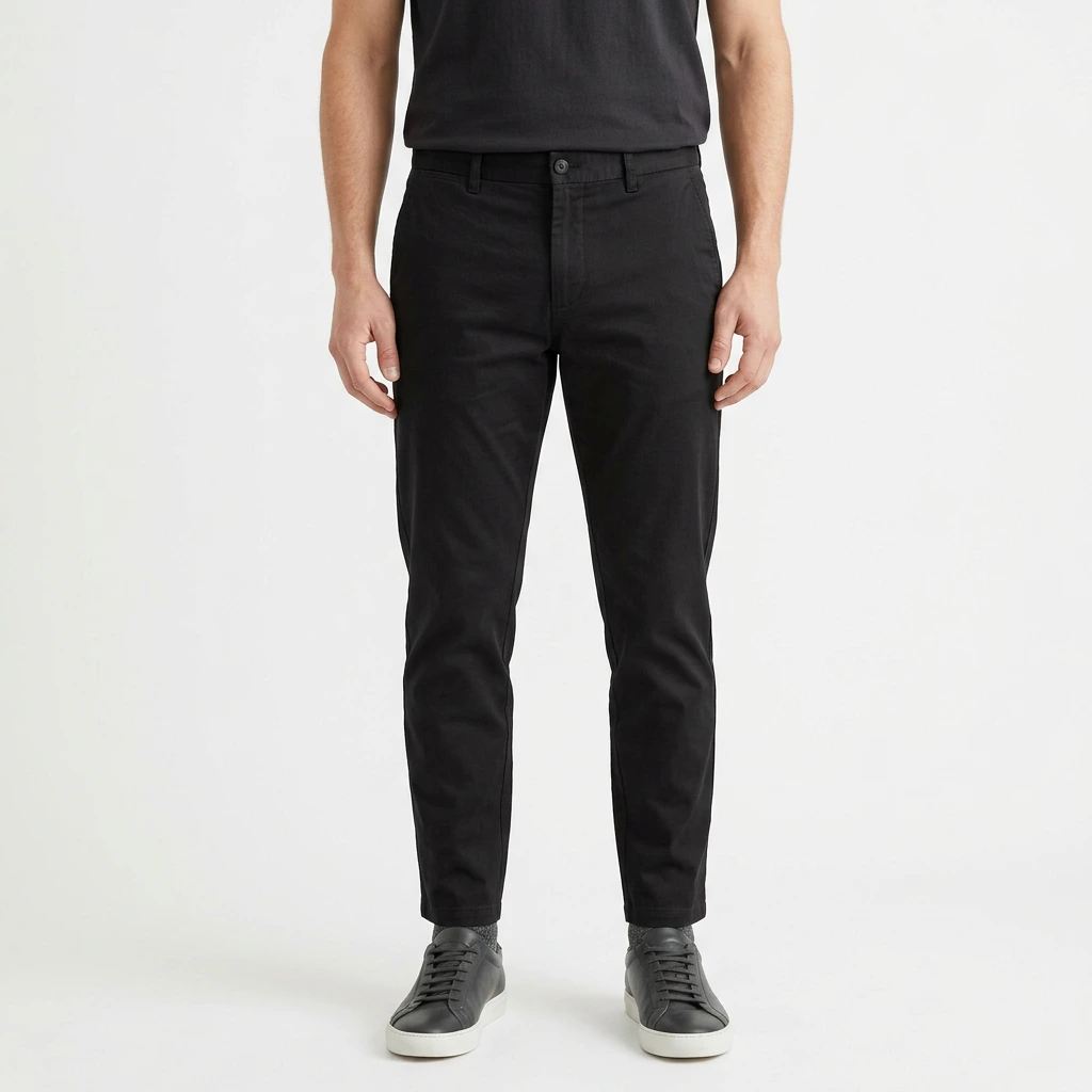 Male lower body in slim black chinos and white sneakers