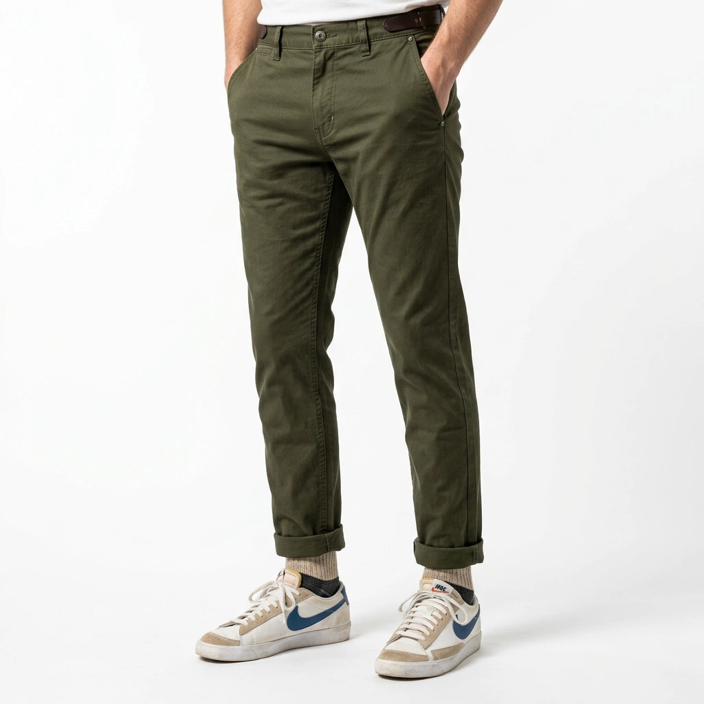 Male lower body in olive green slim chinos with sneakers