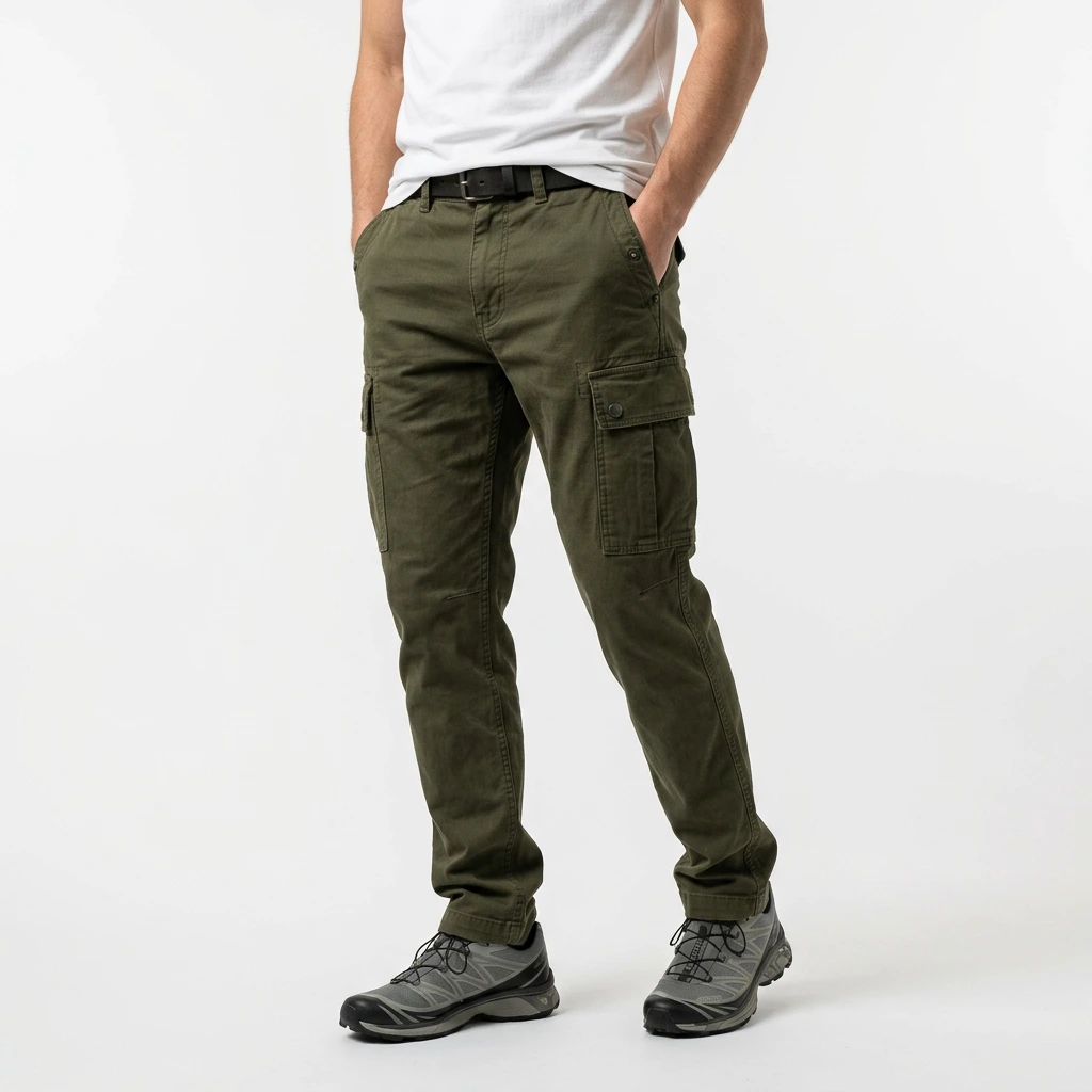 Male lower body in olive green cargo pants with trail shoes