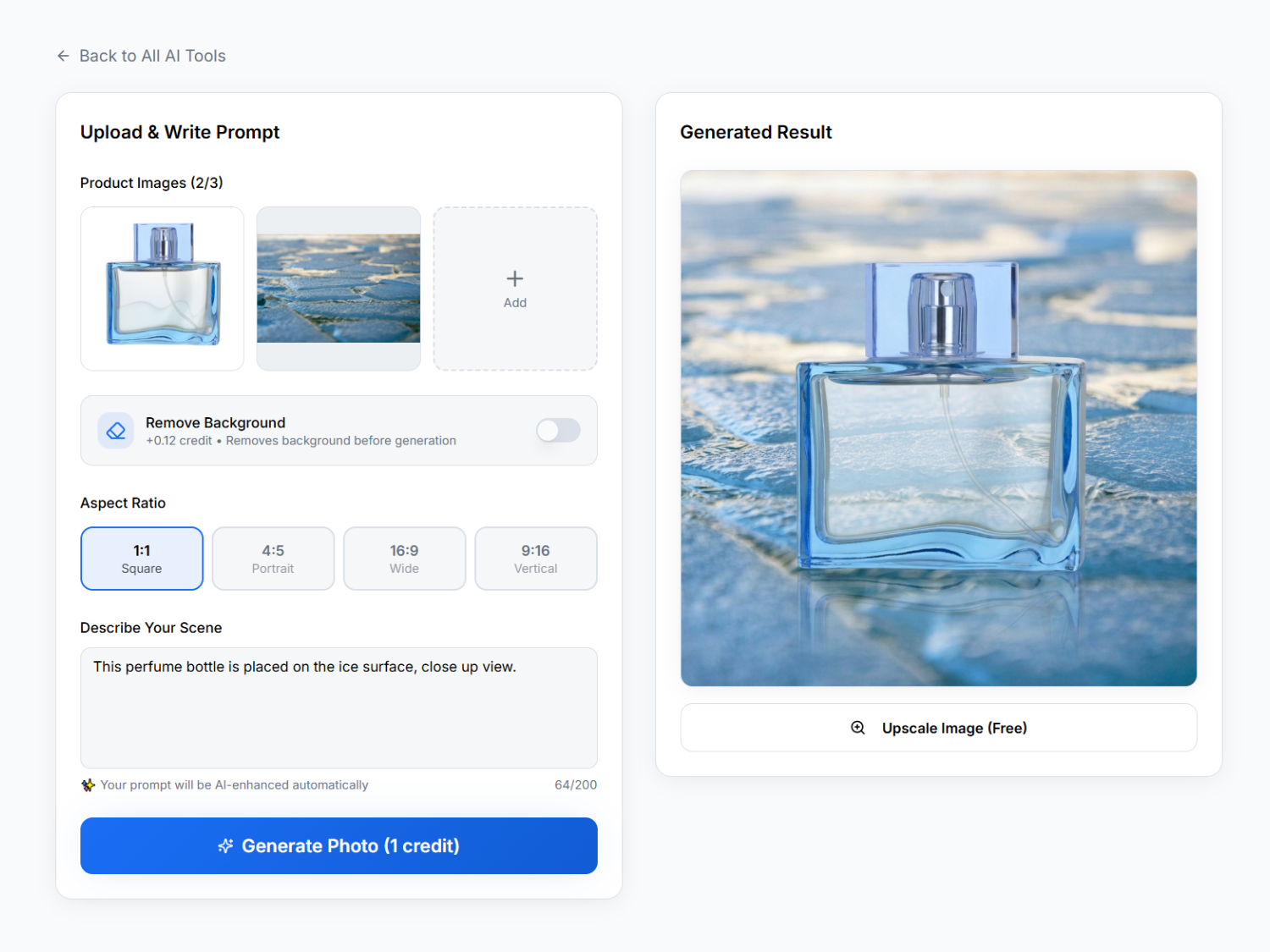 AfterTaken manual prompt mode — perfume bottle uploaded with custom ice surface scene prompt, AI-generated result showing perfume on frozen ice background