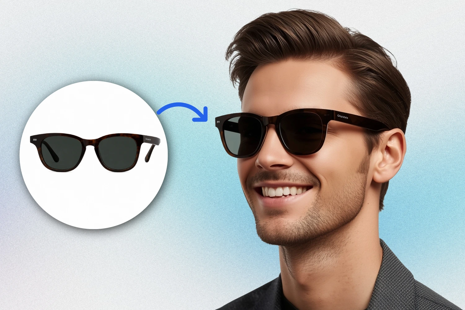 AI Men's Sunglasses Try-On - Dark aviator sunglasses placed on a male model face showing correct frame fit and lens transparency