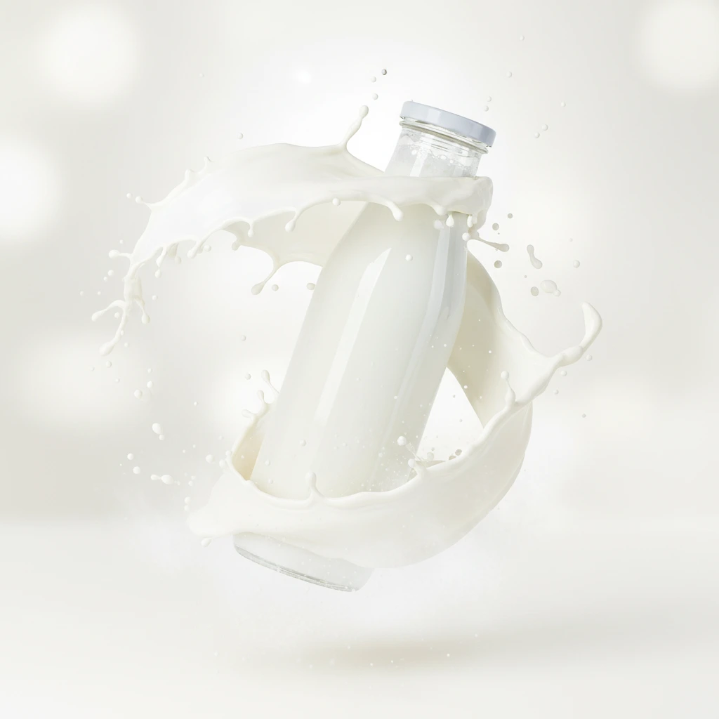 Product photography with cinematic milk splash silky white flowing arcs and creamy bokeh background