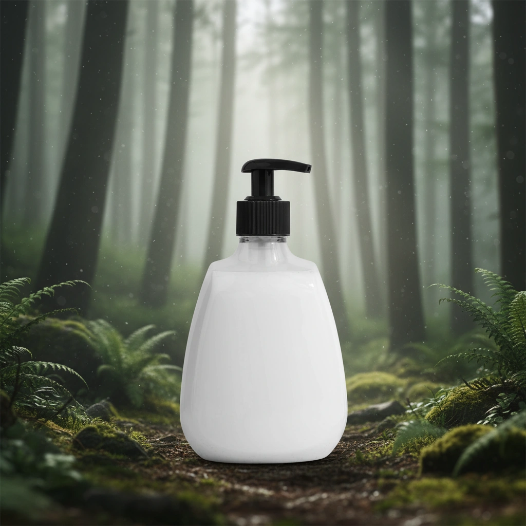 Product photography in misty forest with soft morning fog and diffused sunlight