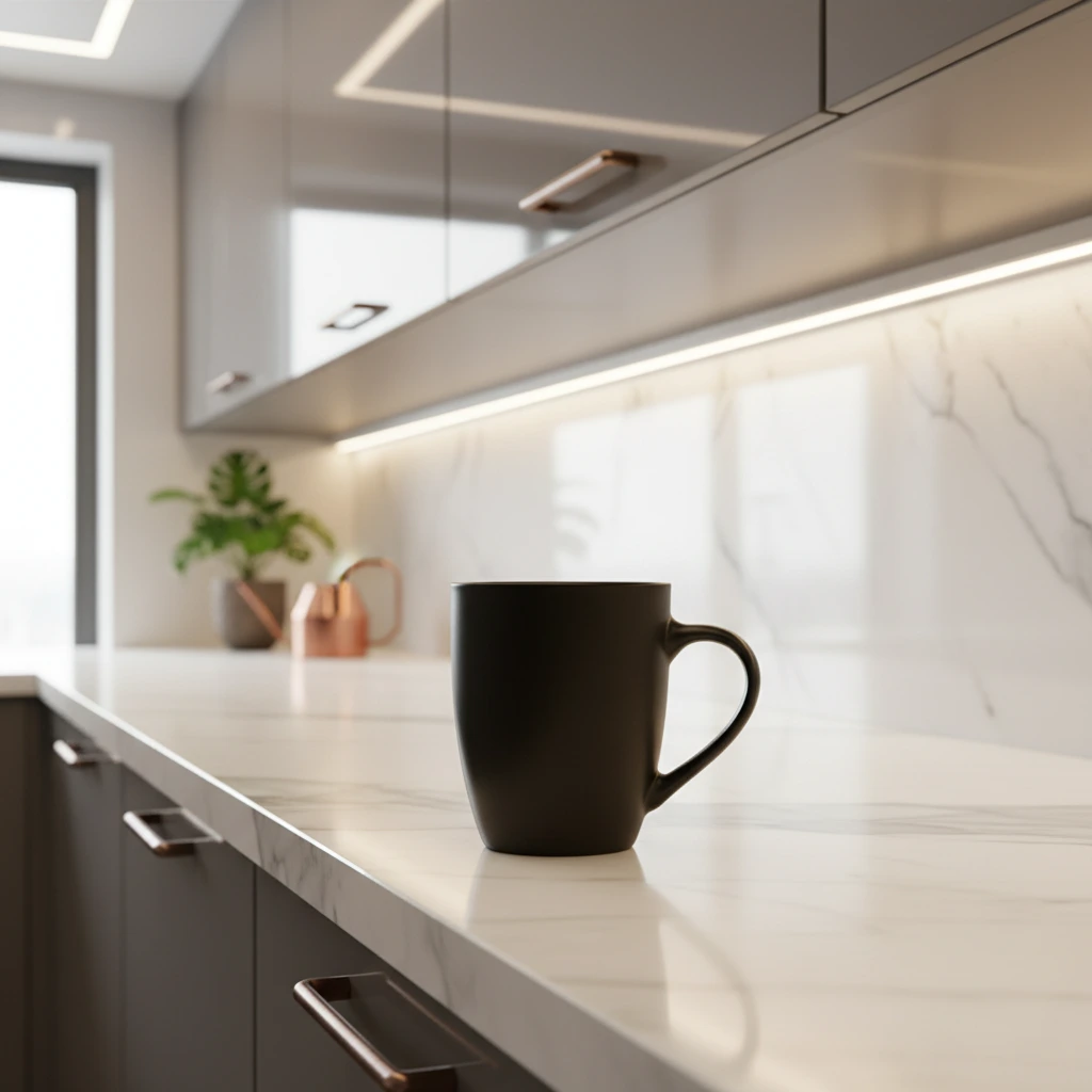 Modern modular kitchen product photography with glossy cabinets marble countertops and elegant reflections
