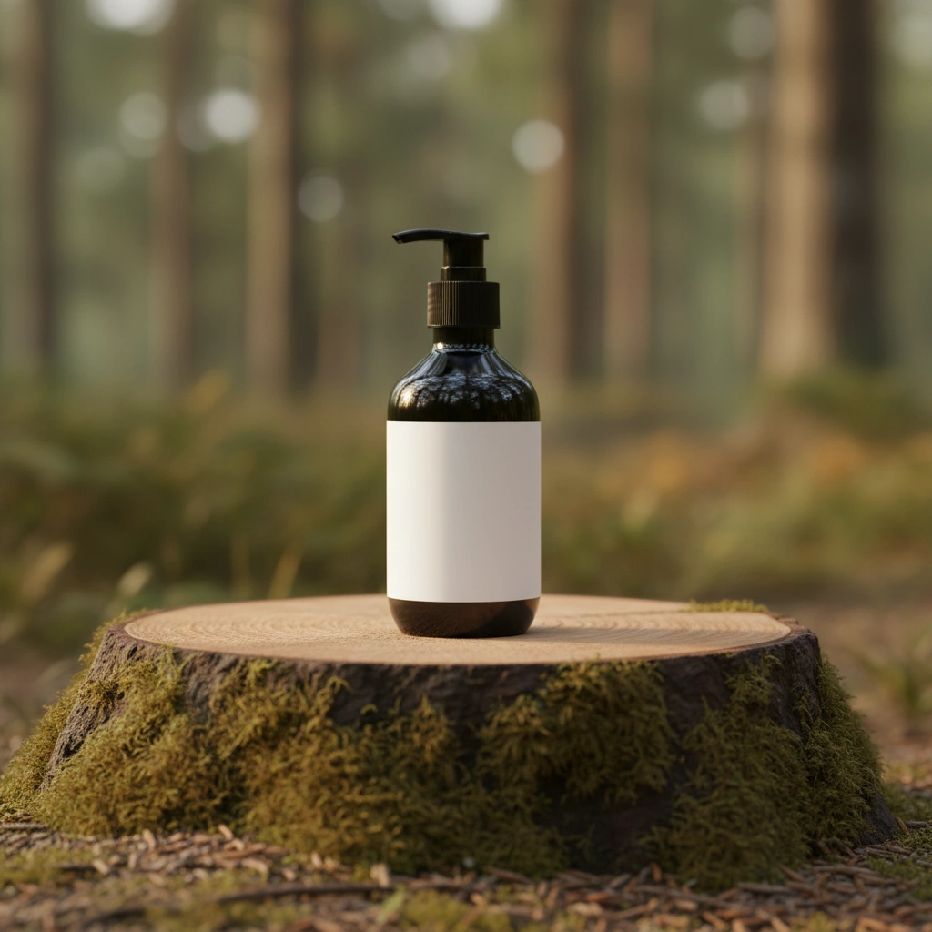 Product photography on moss-covered wooden stump with earthy forest tones