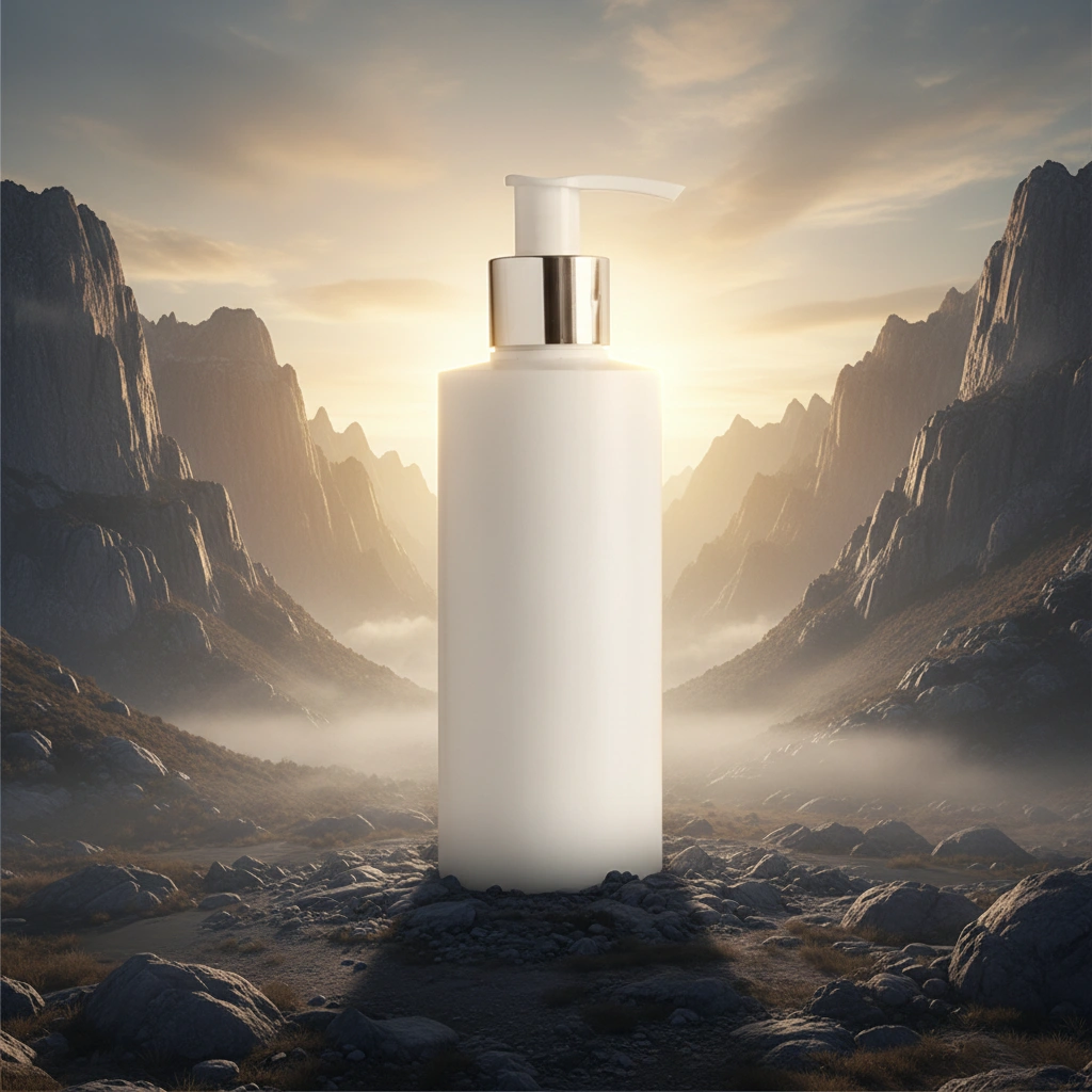 Product photography in mountain valley setting with dramatic cliffs and golden hour lighting