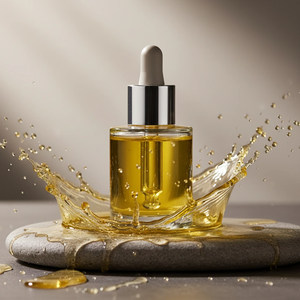 Product photography with yellowish oil splashes on natural stone surface warm directional lighting and glossy texture