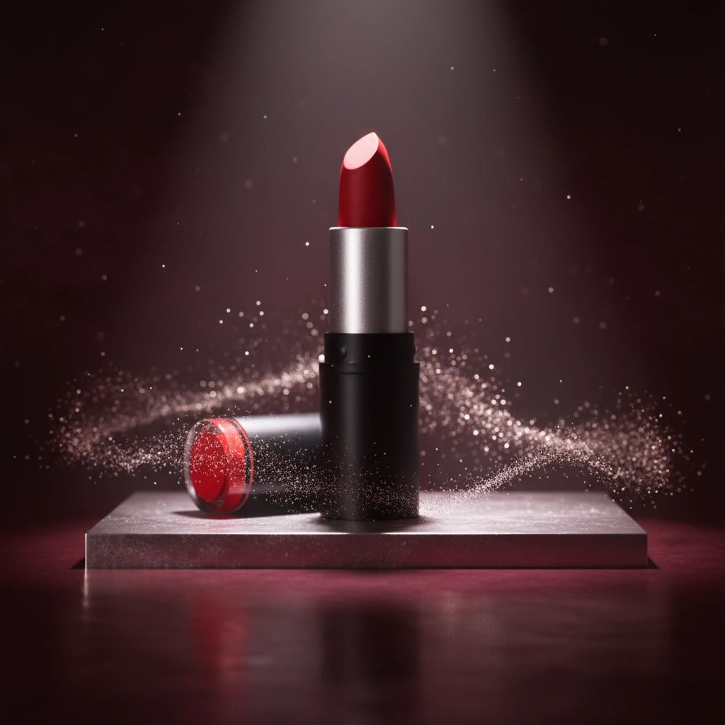 Platinum monument style photography with wine-red reflections and metallic dust effects