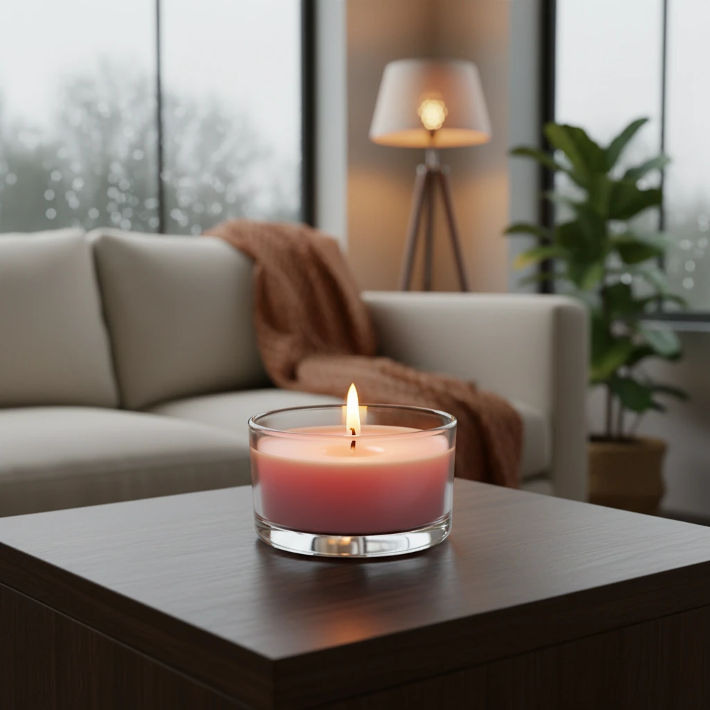 Rainy day interior product photography with raindrops on windows warm lamp glow and cozy atmosphere