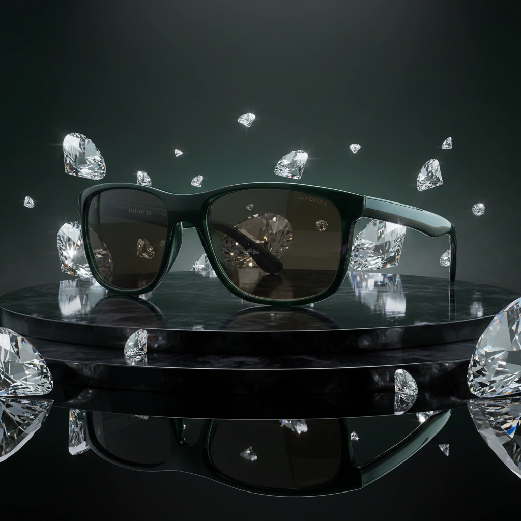 Royal diamond stage product photography with obsidian surface and floating diamond shards