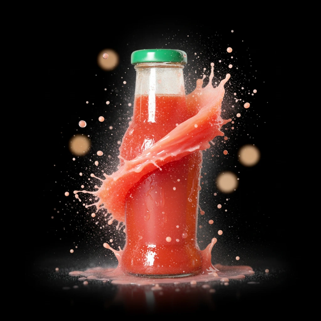 Product photography with strawberry juice swirl frozen red droplets and pastel red texture on dark background