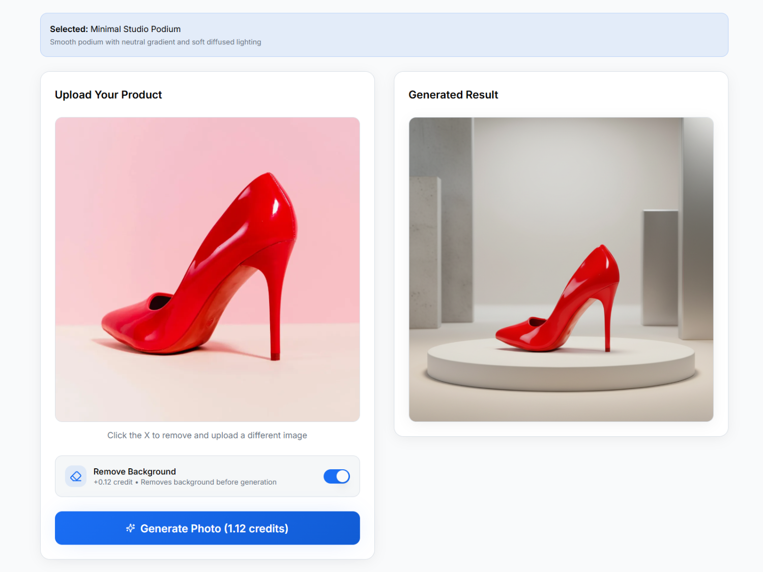 AfterTaken studio template output — red high heel shoe uploaded and AI-generated on minimal studio podium with remove background toggle enabled
