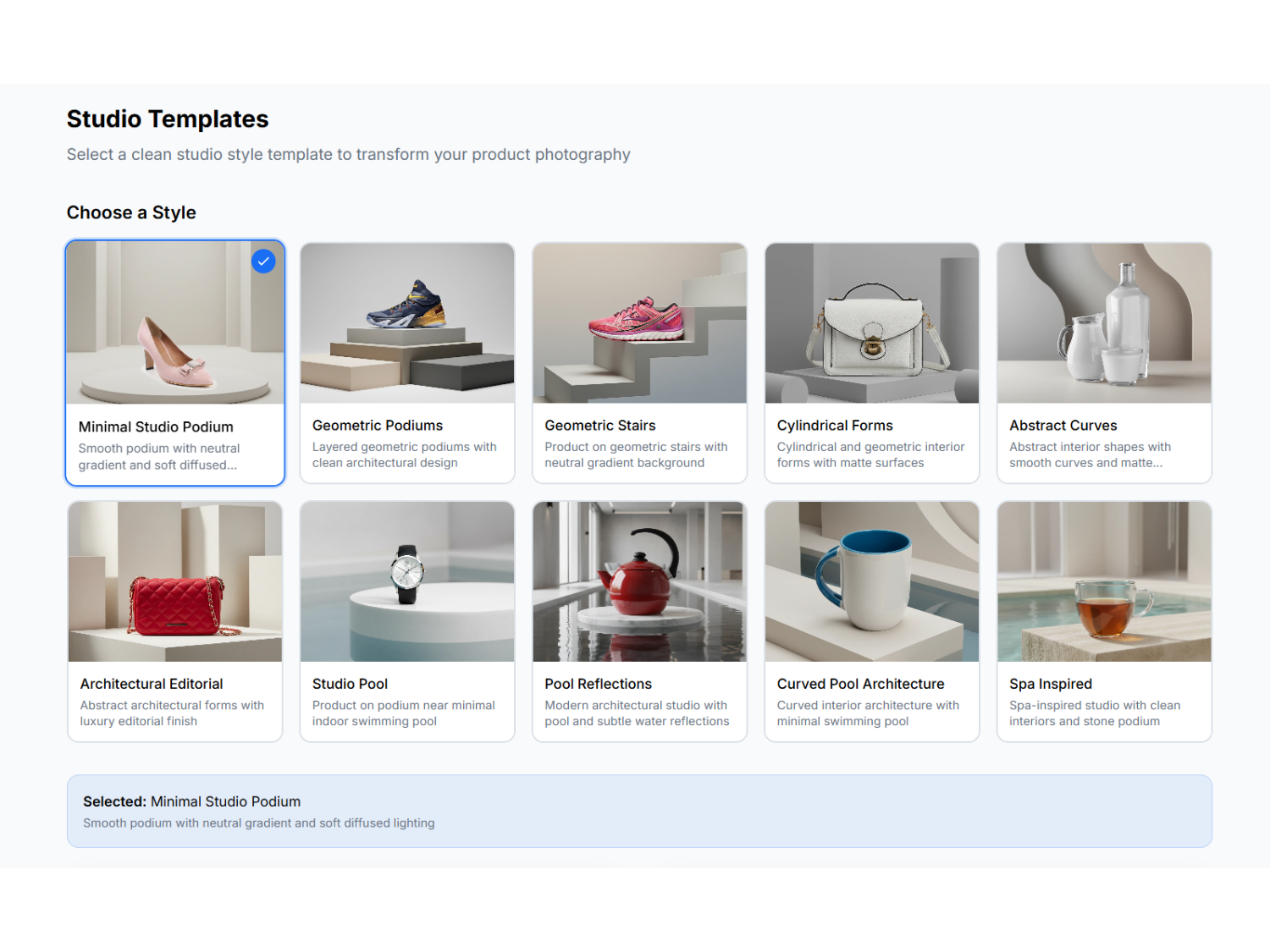 AfterTaken studio template selection grid showing 10 pre-built scene styles including minimal podium, geometric stairs, pool reflections, and spa-inspired backgrounds