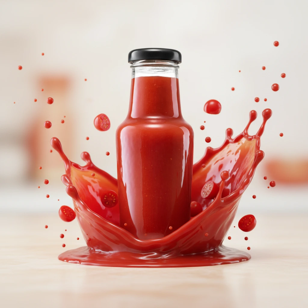 Product photography with thick tomato sauce splash rich red glossy waves and fresh tomato pieces on clean background