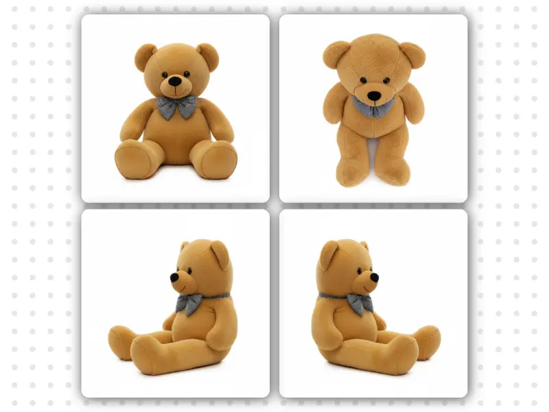 Amazon Primary Photo tool showing a teddy bear from four angles on pure white background