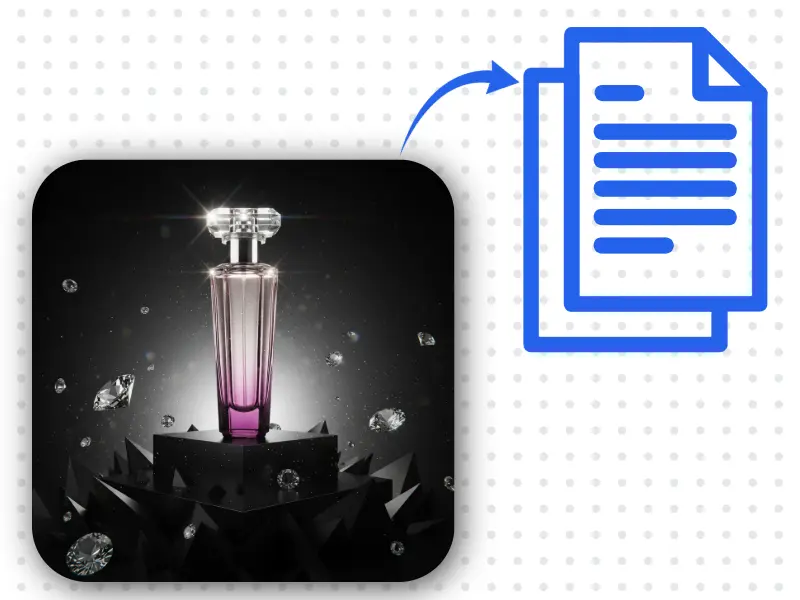 E-commerce Listing Generator turning a perfume bottle photo into SEO-optimized listing copy
