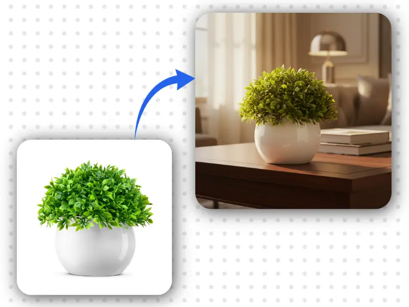 AI scene generator turning a plain potted plant photo into a lifestyle room setting