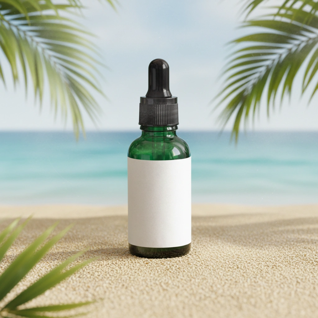 Product photography on tropical beach with palm leaves and turquoise ocean