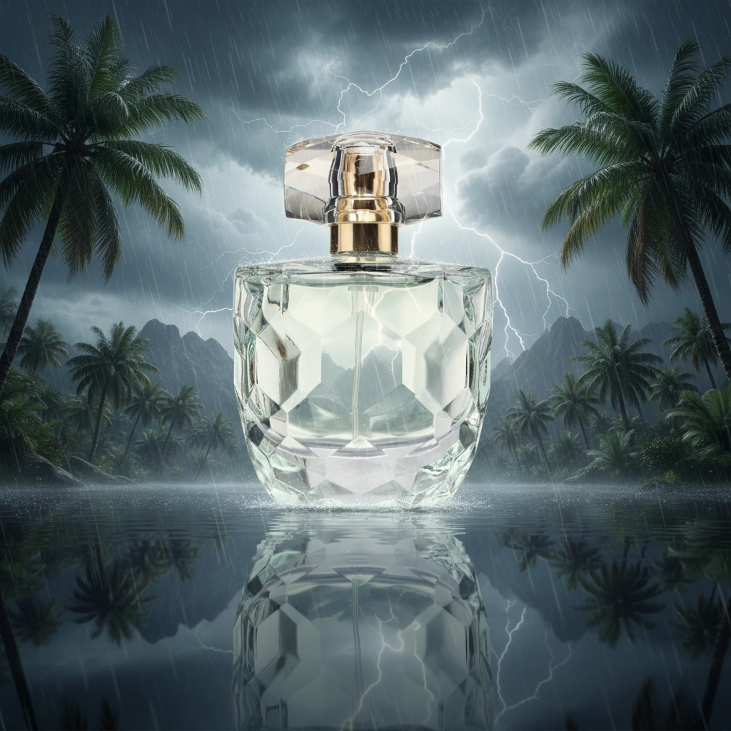 Product photography in tropical thunderstorm jungle setting with lightning and palm trees