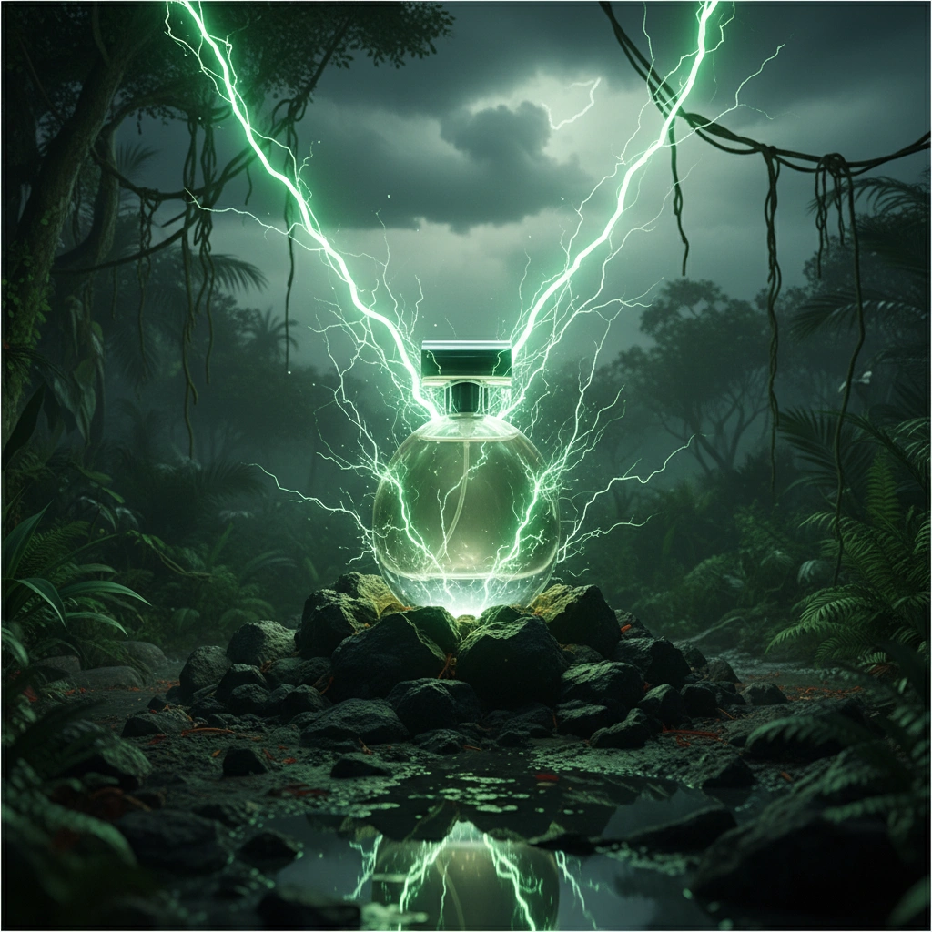 Product photography with volcanic jungle terrain and tropical lightning energy