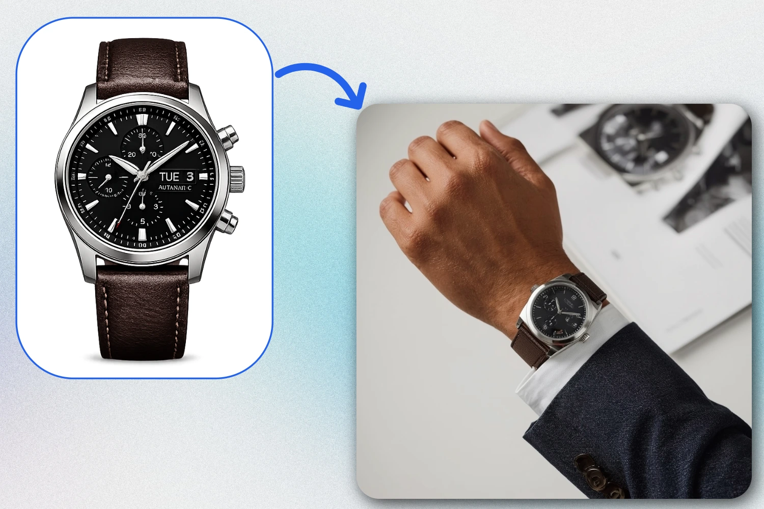 AI Wrist Watches Try-On - Stainless steel dial watch placed naturally on a realistic wrist shot styled with a suit sleeve