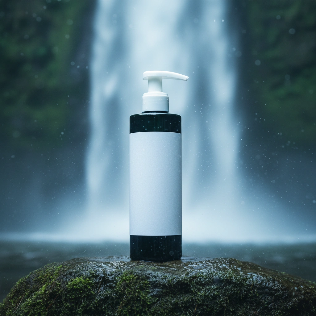 Product photography near waterfall with fine mist particles and blue-green tones