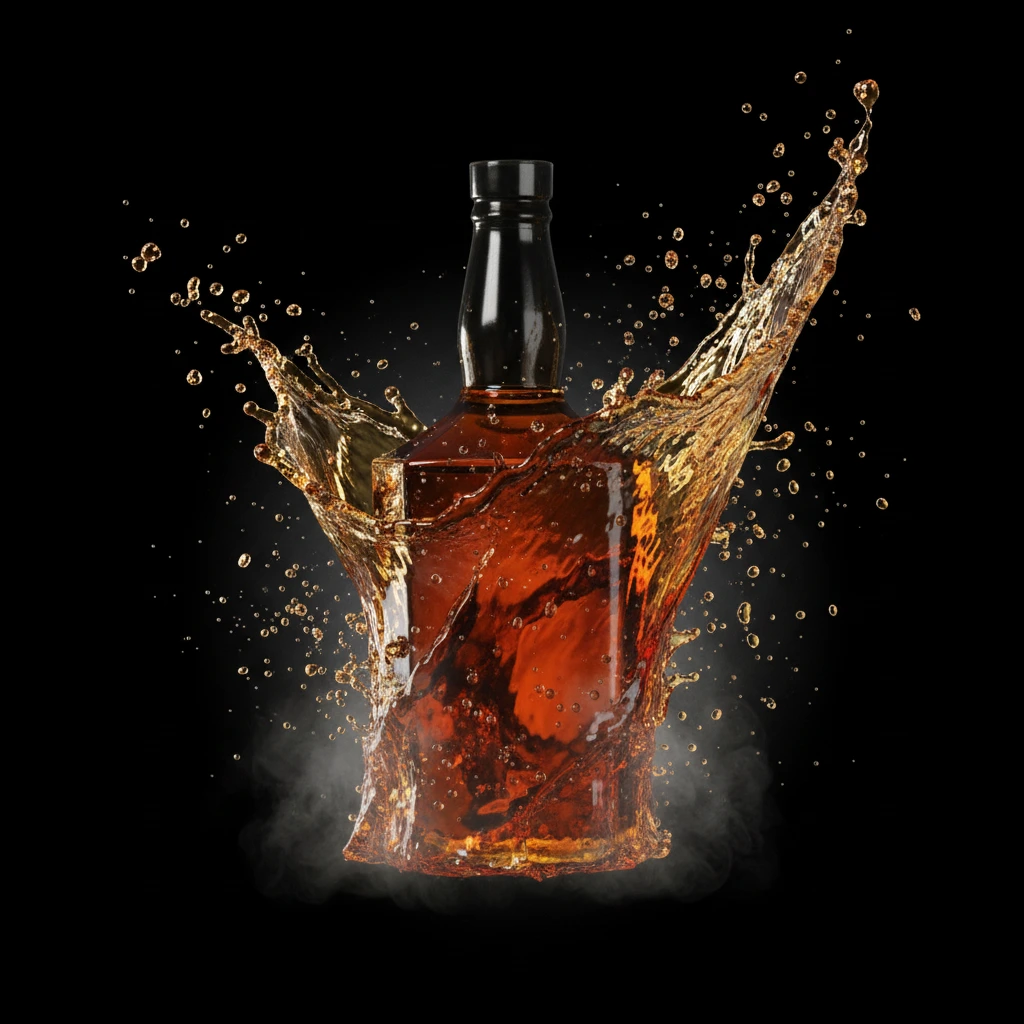 Product photography with whisky splash rich amber waves smoky mist atmosphere and dramatic backlighting on dark background