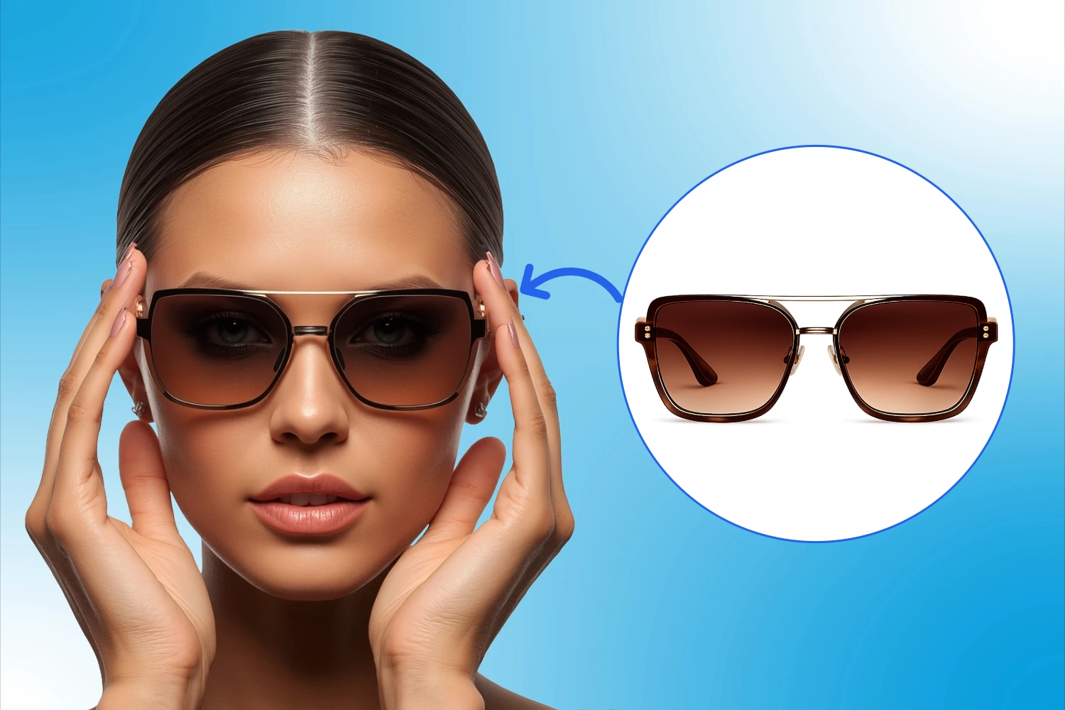 AI Women's Sunglasses Try-On - Oversized gradient lens sunglasses placed on a female model face showing frame details