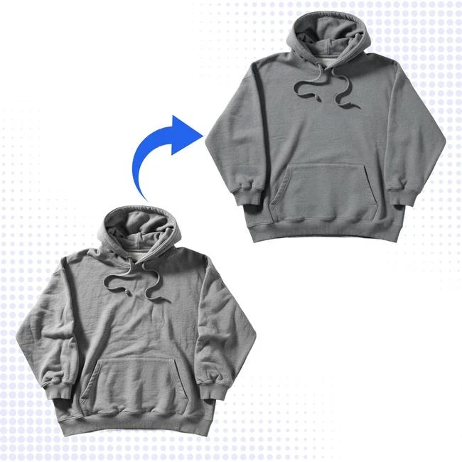 AI Clothes Wrinkle Remover - Before and After comparison showing a wrinkled grey hoodie on the bottom left and a smooth, unwrinkled hoodie on the top right with a blue arrow pointing to the transition