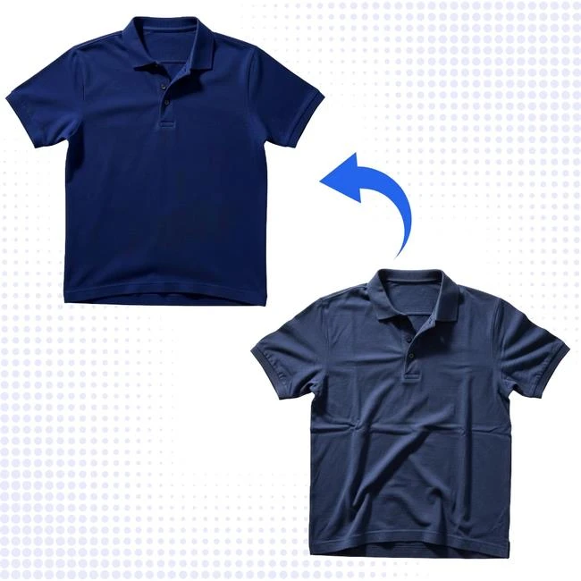 AI Clothes Wrinkle Remover - Before and After comparison showing a wrinkled blue polo shirt on the bottom left and a smooth, crease-free polo shirt on the top right with a blue arrow pointing to the transition