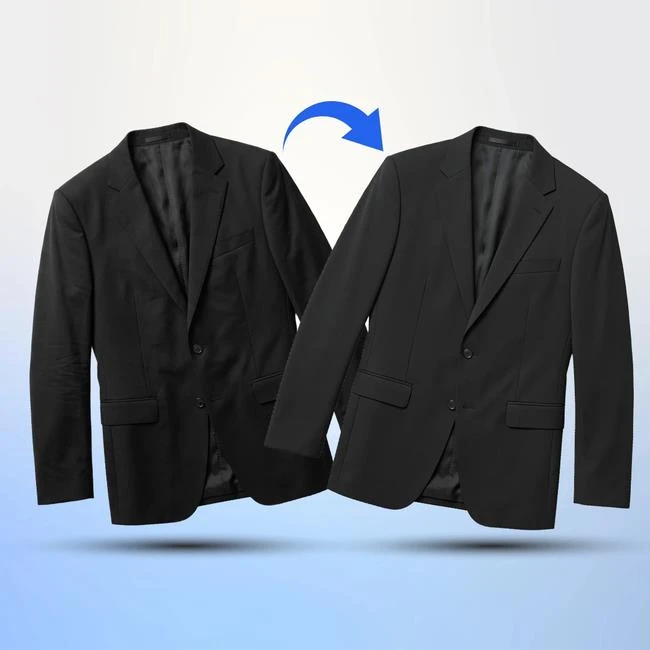 AI Clothes Wrinkle Remover - Before and After comparison showing wrinkled black suit jacket on the left and smooth, wrinkle-free pressed suit jacket on the right with a blue arrow pointing to the transition